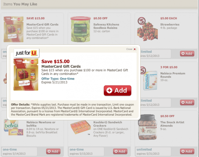 $15 off Mastercard Giftcards at Safeway