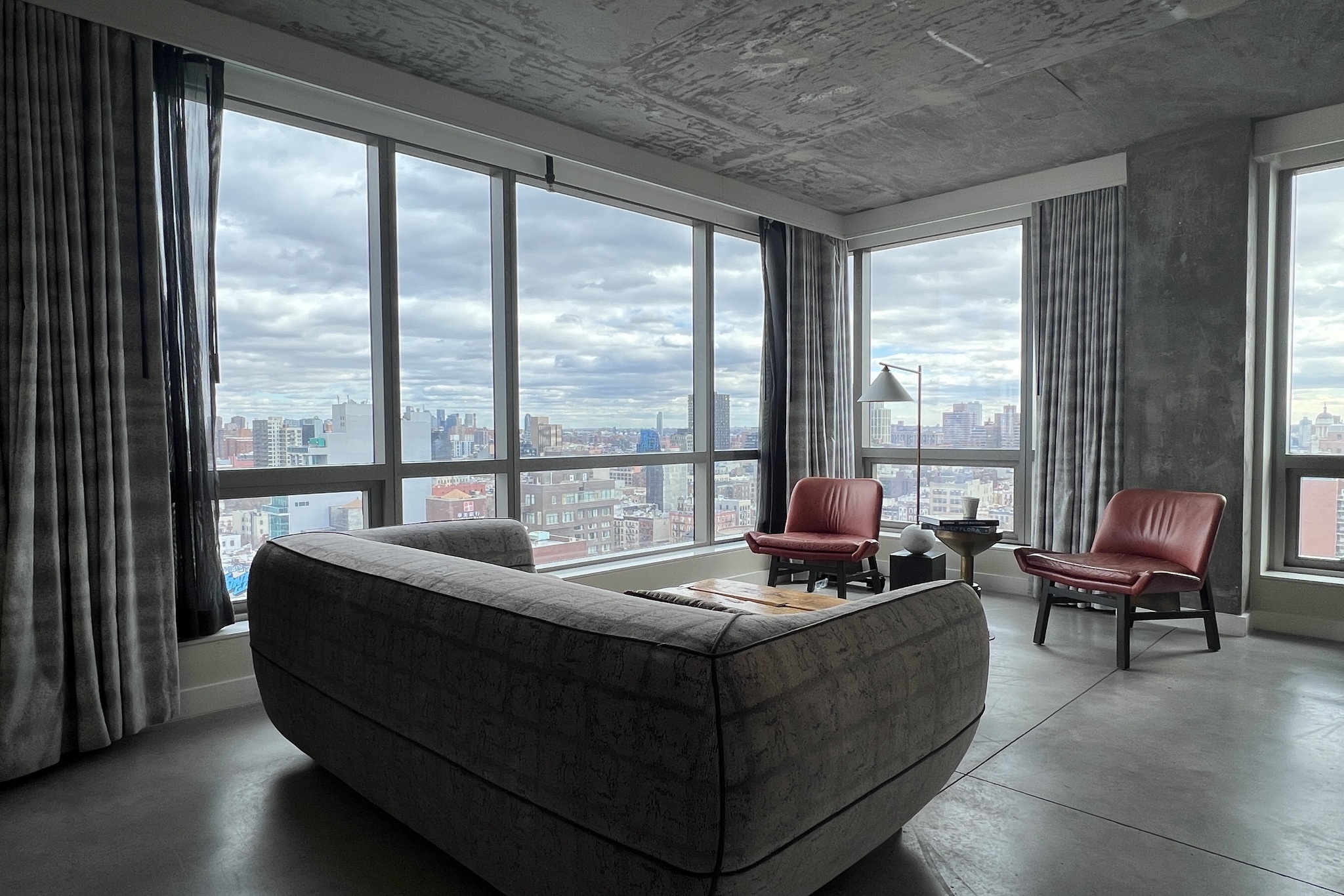 Hotel living room with a view of Manhattan